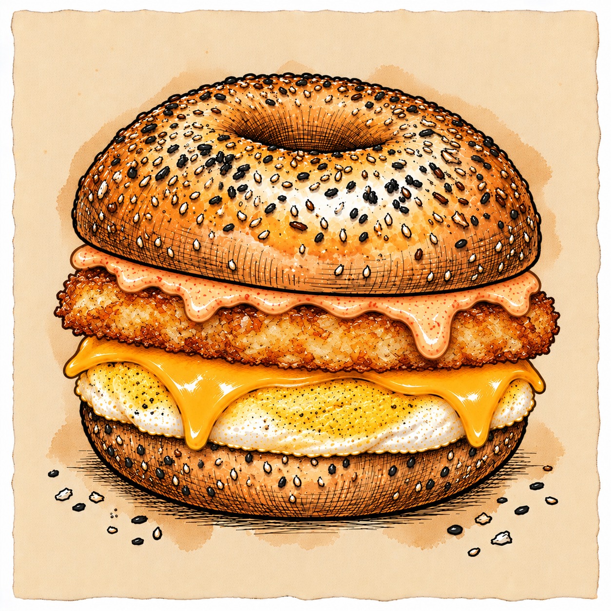 HASH BROWN, EGG + CHEESE bagel sandwich