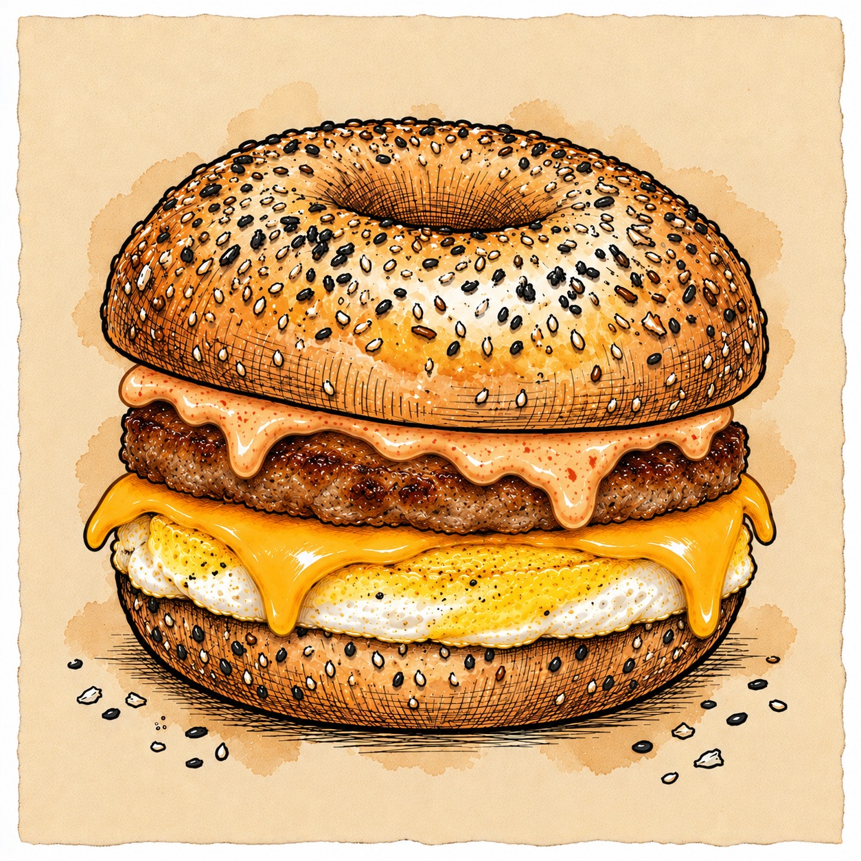 SAUSAGE, EGG + CHEESE bagel sandwich